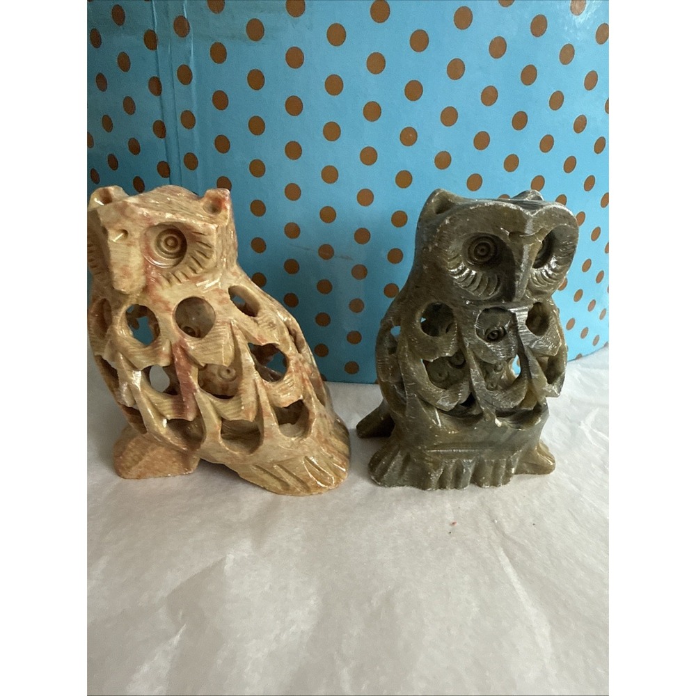 Pair Of SOAPSTONE CARVED OWL CAGE WITH BABY OWL INSIDE Made In India